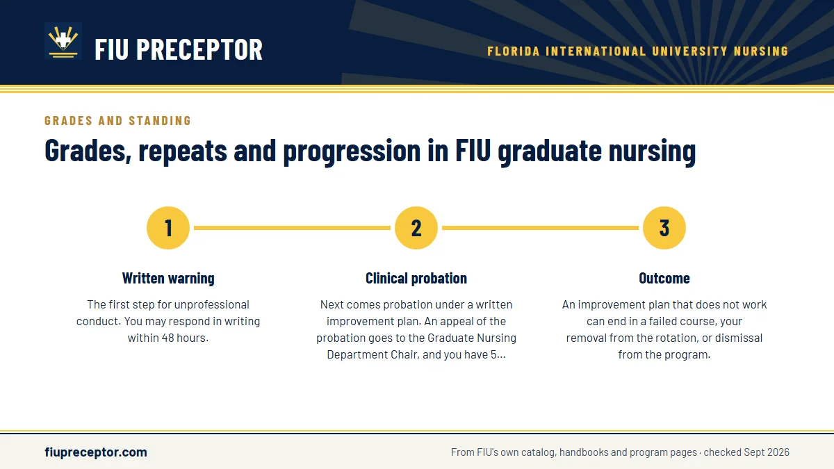 Numbered steps. Clinical conduct: from warning to probation: 1 Written warning; 2 Clinical probation; 3 Outcome.