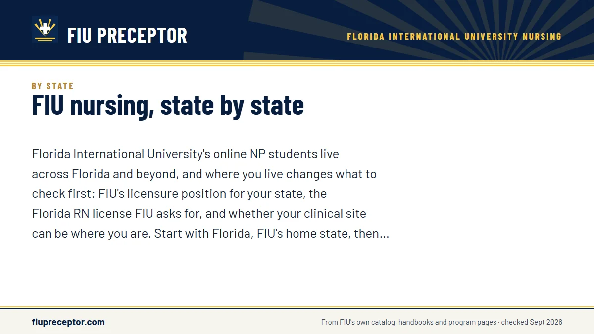 FIU nursing, state by state. Florida International University's online NP students live across Florida and beyond, and where you live changes what to check first: FIU's licensure position f